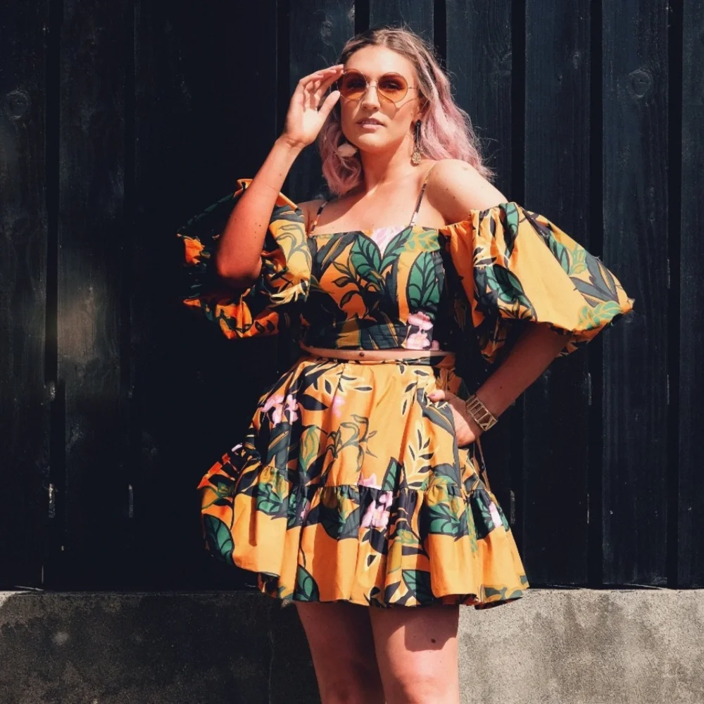 RARE SKIRT SET BLOGGER FAVORITE H&M Orange flare puff sleeve tropical crop XS M - Picture 7 of 11